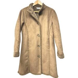 LL Bean Brown Faux Suede Sherpa Fleece Lined Long Coat Womens Size Medium